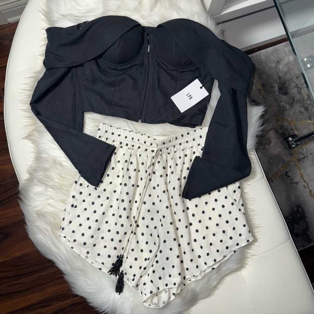 LPA x FWRD Top 500 Linen Corset Crop Top & FARM Rio Polka Dot Linen Shorts Set - Picture 8 of 17